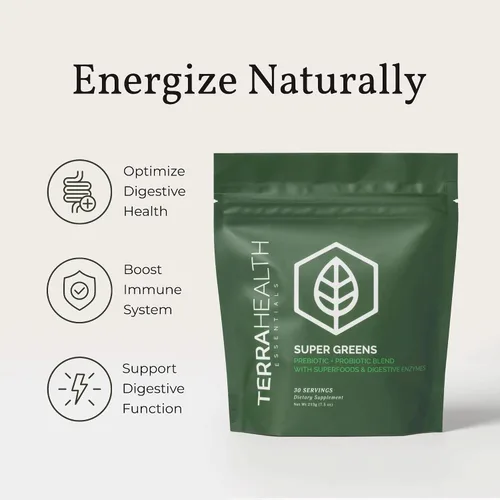 Vista 4 de Terra Health Essentials Super Greens Polvo orgánico de superalimentos verdes Probióticos aptos para el intestino sin gluten 30 porciones