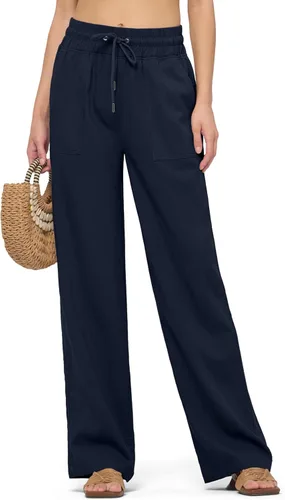 Vista 25 de Willit Pantalones de lino para mujer, pantalones palazzo de pierna ancha Khaki - Actualización