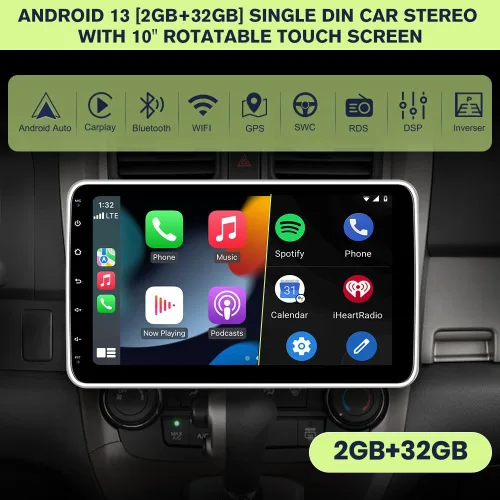 Vista 3 de Estéreo de coche DIN universal Android 13 2GB+32GB 10 pulgadas pantalla táctil giratoria con CarPlay/AndroidAuto/Mirror Link