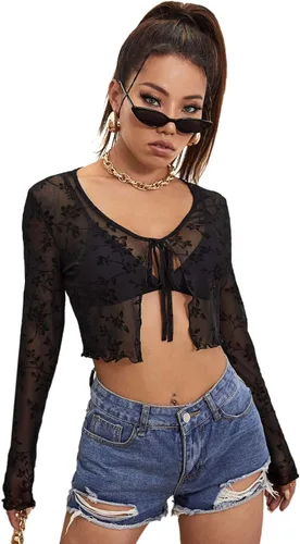 Vista 4 de Floerns Top corto de malla transparente de manga larga con frente abierto para mujer, sin brasier