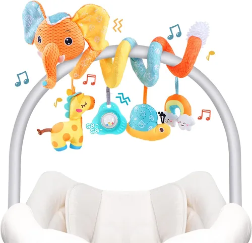 Vista 9 de Koty Juguetes para Asiento de Coche, Juguete de Peluche en Espiral para Bebés con Caja de Música, Sonajero y Cascabeles Colgantes para Cochecito