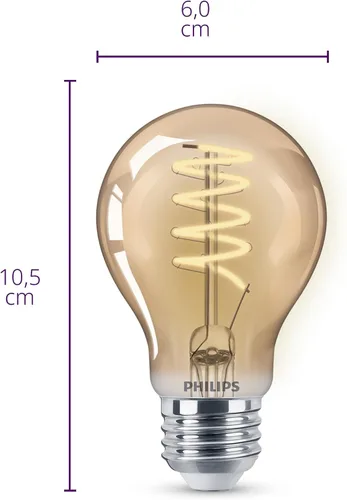 Vista 3 de PHILIPS LED 60 W A19 Vintage Edison Espiral Amber, 1 paquete 400 lúmenes, regulable, luz sin parpadeo, EyeComfort, hasta 15000 horas de vida útil