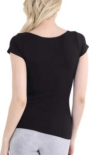 Vista 3 de NIKIBIKI Top ajustado con cuello redondo y manga casquillo sin costuras para mujer, fabricado en Estados Unidos, talla única