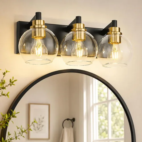 Vista 43 de Accesorios de iluminación de baño, luz de tocador mate negra de 2 luces, apliques de pared modernos con pantalla de globo de vidrio transparente