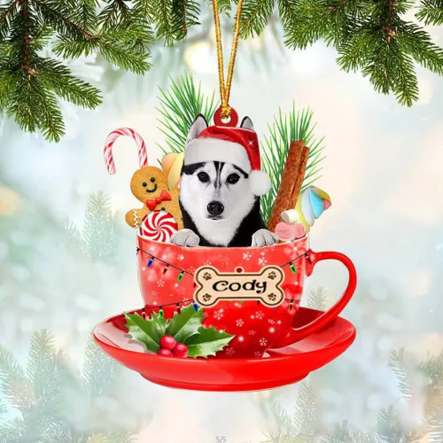 Vista 8 de NAZENTI Adorno personalizado de Alaskan Malamute en taza roja, adorno de Navidad personalizado para perros amantes de las mascotas, colgante