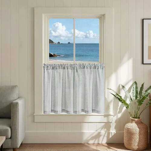 Vista 22 de Jinchan - Cortinas de lino a rayas para cocina, 24 pulgadas, beige, 2
