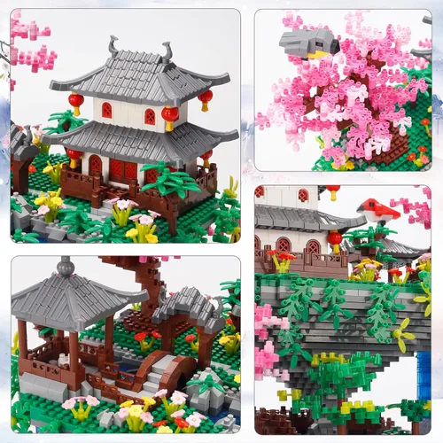 Vista 3 de SAMYBLOCKS Juego de 3600 piezas de microbloques de árbol bonsái de estanque de flor de melocotón, bloques de construcción de arquitectura