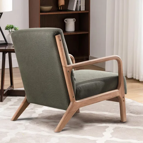 Vista 9 de INZOY Silla con acento moderno de mediados de siglo con marco de madera, sillas tapizadas para sala de estar con cojín lumbar, silla de lectura