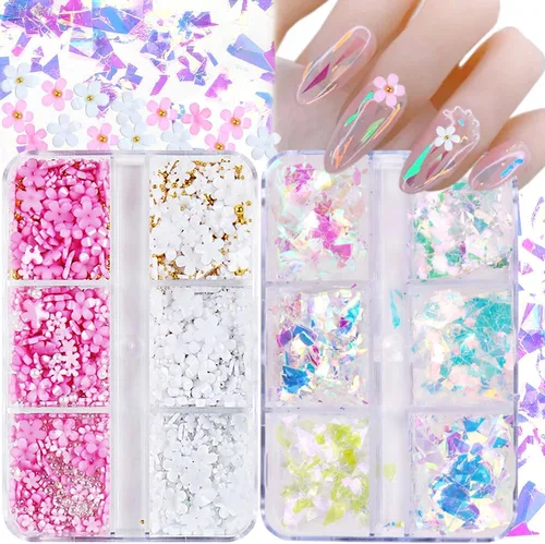 Vista 8 de Abalorios de uñas de flores 3D, 2 cajas de acrílico 3D de flores de arte de uñas y gemas blancas y rosas mezcladas con diamantes de imitación
