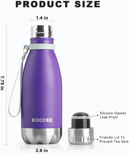 Vista 6 de koodee Botella de agua aislada de acero inoxidable de 9 onzas, doble pared, al vacío, con forma de cola, a prueba de fugas, botella de agua Negro