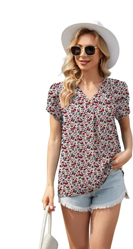 Vista 6 de TASAMO Blusas de gasa con cuello en V dividido para mujer, de verano, holgadas, de manga corta