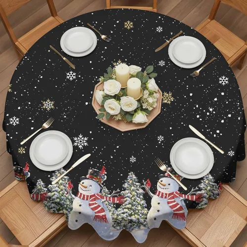Vista 7 de Mantel redondo negro de Navidad, impermeable y resistente a las manchas, mantel lavable sin arrugas para comedor, fiesta, boda, muñeco de nieve