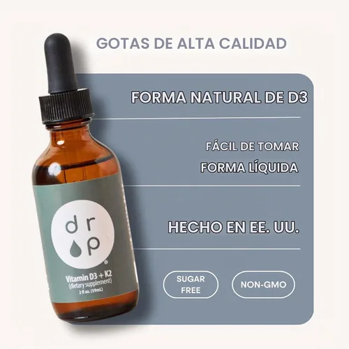 Vista 6 de Drop Vitamina D3 + K2 gotas líquidas, 1000 UI Vegan D3 de liquen, 45 mcg K2 (MK-4 y MK-7), con aceite de coco MCT orgánico, apoyo óseo e