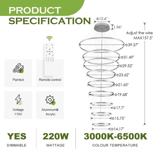 Vista 22 de Benkut Lámpara de Araña de Anillo LED Moderna Negra para Comedor, Lámpara de Araña de Techo Circular Empotrada Regulable con Control Remoto