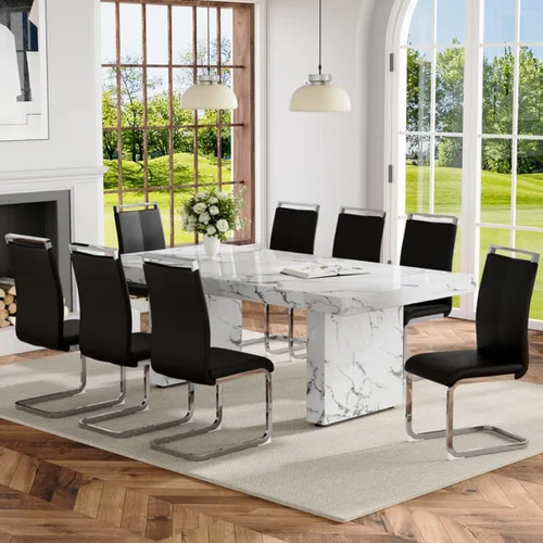 Vista 19 de Ebullient - Juego de mesa de comedor de mármol de 79 pulgadas para 6, mesa con patrón de mármol blanco de 3.5 pulgadas con base de MDF estable