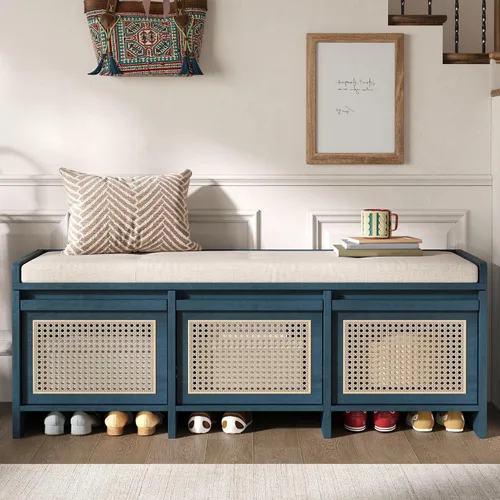 Vista 3 de Entryway Cushioned Storage Shoe Bench，Antique Navy-Q