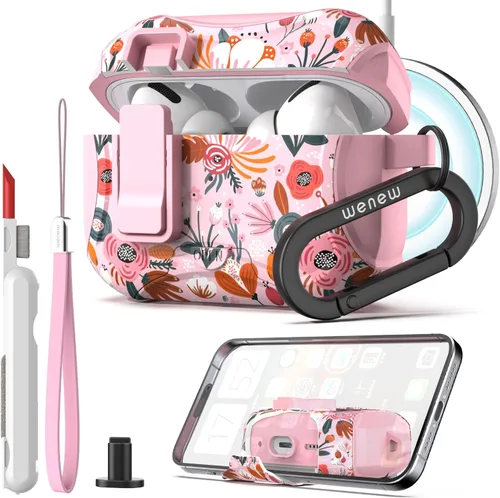 Vista 14 de wenew Funda compatible con AirPods Pro de 2ª/1ª generación con soporte para teléfono, limpiador, clip, compatible con Magsafe, funda de carga