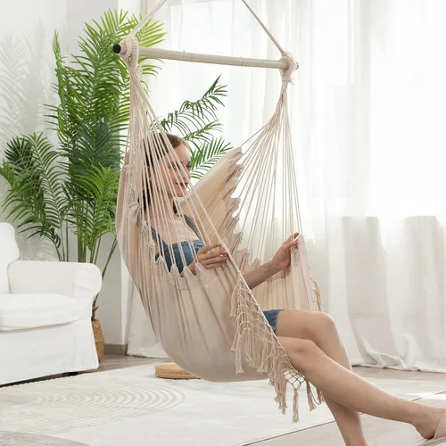 Vista 6 de Silla Hamaca, Asiento de Columpio Colgante de Cuerda con 2 Cojines, Silla Colgante de Macramé con Bolsillo Lateral con Varilla de Metal de Alta