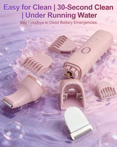 Vista 6 de Recortadora de bikini para mujer, recargable, con cuchillas de cerámica a presión, cabeza lavable IP7X, color rosa pastel