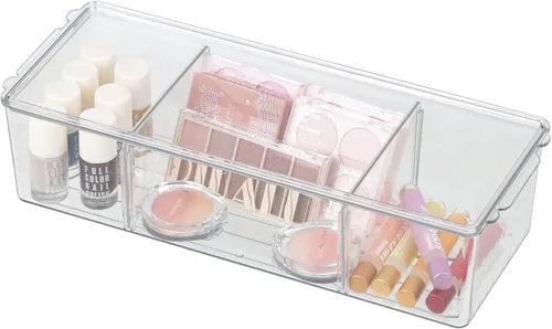 Vista 6 de ZEXALOR Contenedor grande de plástico transparente con tapa y 3 compartimentos divididos, contenedor de almacenamiento largo transparente apilable