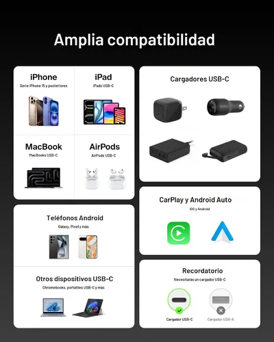 Vista 6 de Belkin Cable USB C a USB C, 3.3 pies, 240 W - Cargador tipo C, cable de carga para iPhone, suave, trenzado, flexible para iPhone 17, Galaxy S25