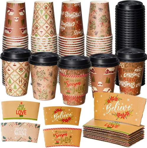 Vista 14 de Yungyan Paquete de 100 Tazas de Café Desechables de Navidad de 12 oz con Tapas y Mangas Tazas de Café de Papel Aisladas con Tapas Abovedadas