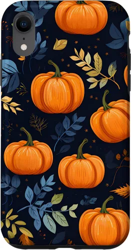 Vista 24 de iPhone 16 Calabazas y Hojas de Otoño Patrón Fondo Oscuro Caso