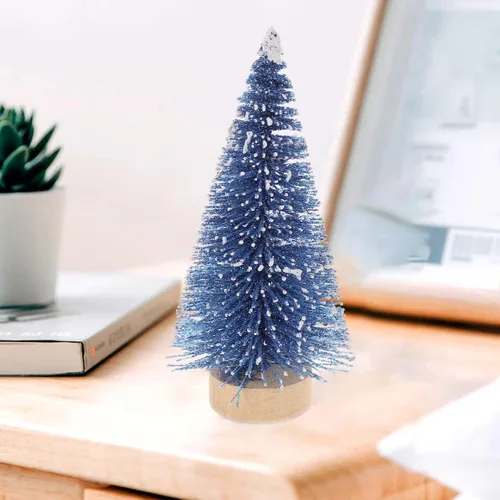 Vista 6 de Decoración para el hogar, mini árbol de Navidad artificial, 4 piezas, árboles de sisal, escarcha de nieve, cepillo para botella con bases de madera