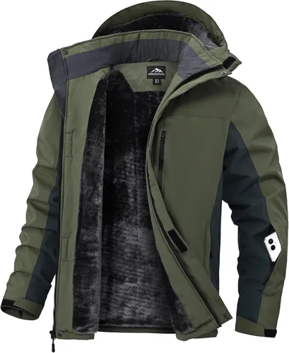 Vista 10 de Chaqueta de esquí para hombre, impermeable, con forro de vellón, abrigo de nieve cálido, cortavientos, con capucha, para el invierno
