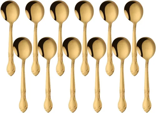 Vista 48 de Cucharas de sopa, cucharas redondas de acero inoxidable para caldo con borde de flor, juego de 12 piezas de acero inoxidable para café, azúcar