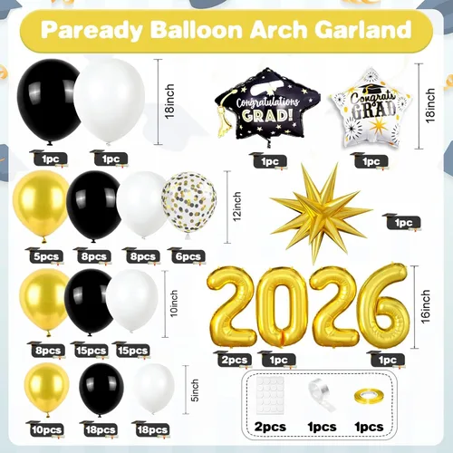 Vista 2 de Kit de Arco de Globos Paready Graduación 2025, 120 Piezas de Arco de Globos Graduación Negro y Dorado, Globos de Confeti Negro y Dorado Metálicos