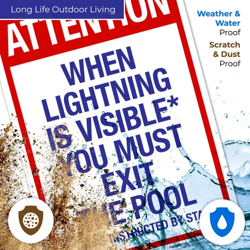 Vista 5 de Letrero con texto en inglés "Attention When Lightning is Visible You Must Exit The Pool - Letrero de piscina, 10 x 14 pulgadas, libre de óxido