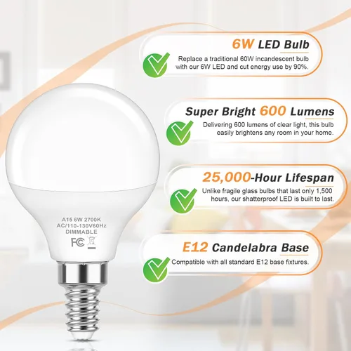 Vista 3 de Brightever Bombillas LED A15 E12 de 6 W regulables, equivalente a 60 W 2700K blanco cálido