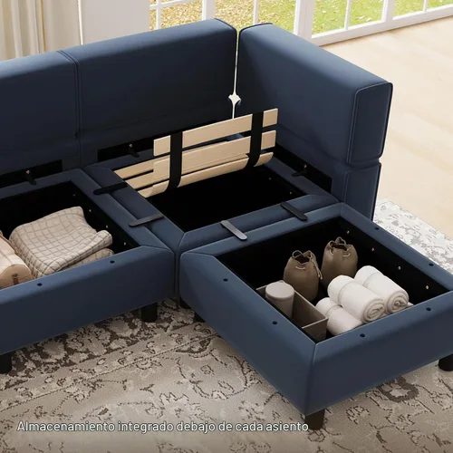 Vista 4 de Belffin - Sofá modular de terciopelo con asiento de almacenamiento, sofá en forma de U de gran tamaño con diván reversible, con otomana, color azul