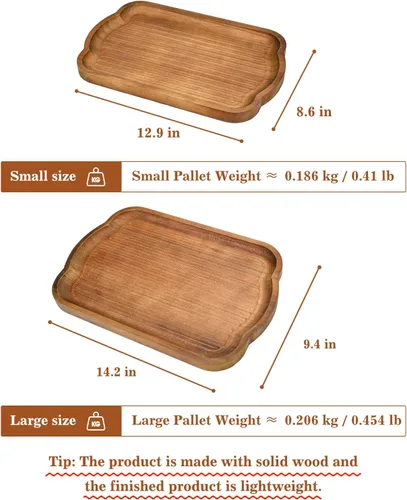 Vista 2 de Juego de 2 bandejas de servir de madera rústica, bandejas decorativas rectangulares marrones estilo granja, tablas de charcutería, plato
