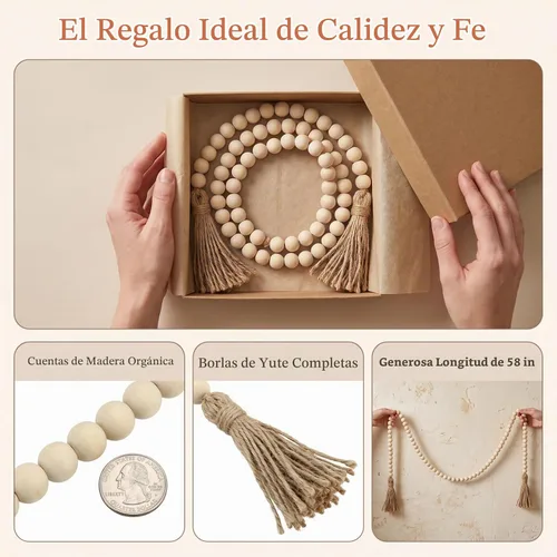 Vista 6 de LIOOBO Guirnalda de cuentas de madera rústica para decoración de vacaciones, cuentas de oración para colgar en la pared