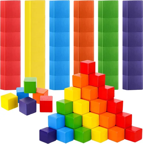 Vista 8 de Libima Juego de 100 bloques de construcción de madera de 1.2 pulgadas, juego de bloques de madera de arco iris, cubos cuadrados de madera coloridos
