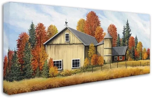 Vista 2 de Lienzo decorativo para pared de Debbi Wetzel Yellow Barn Fall de 12 x 24 pulgadas