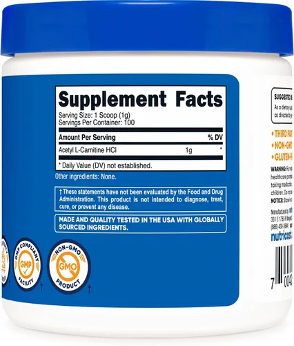 Vista 4 de Nutricost Acetil L-carnitina (ALCAR) 100 GMS (paquete de 2) – 100 porciones cada una – 1000 mg por porción – Polvo puro de acetil L-carnitina – Sin