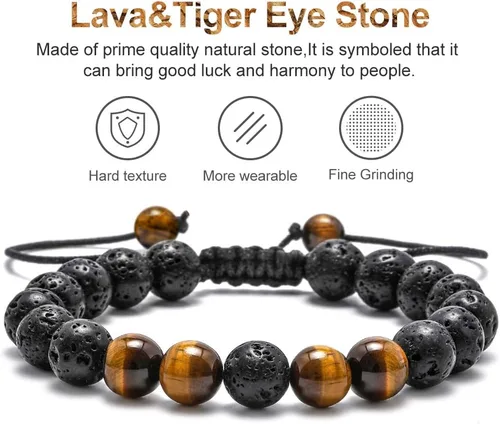 Vista 3 de M MOOHAM - Pulseras de piedra natural para hombre, ojo de tigre de 516 de pulgada, ágata mate, piedra de lava, regalos para niños y adolescentes