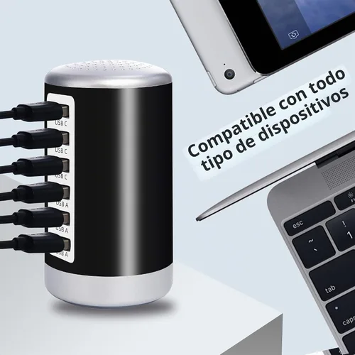 Vista 2 de Estación de carga USB de 60 W, 6 puertos (3 USB-A y 3 USB-C) compatible con iPhone 15/14/13/12/11, tabletas, teléfonos inteligentes, color negro