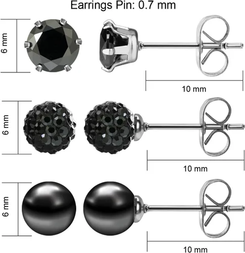 Vista 16 de JewelrieShop - Juego de aretes de tuerca de acero inoxidable con circonitas cúbicas y perlas de imitación, 3 pares de 0.236 in