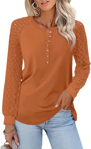 Vista 20 de Minetom Camisetas de manga larga con encaje para mujer, blusas casuales