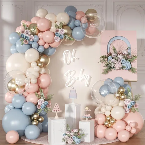 Vista 16 de Kit de arco de globos azul empolvado, 126 piezas, kit de guirnalda de arco de globos azul claro y blanco, incluye globos de macarón para bodas