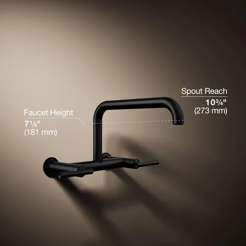 Vista 3 de KOHLER Purist Grifo de fregadero de cocina de dos agujeros para montaje en pared con boquilla de 13-7/8 pulgadas, negro mate