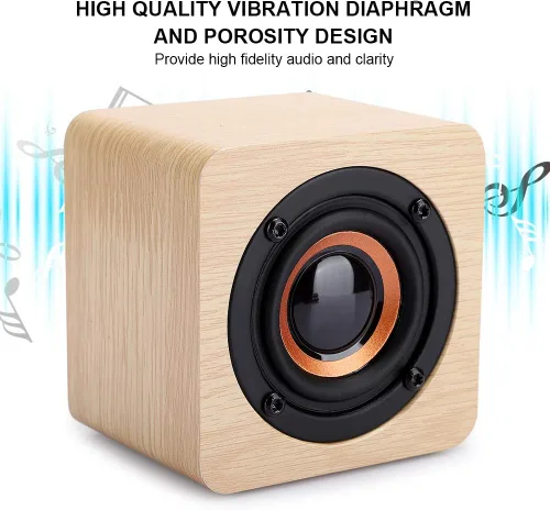 Vista 4 de Altavoz Bluetooth retro, altavoz portátil de madera amarillo alimentado por USB con sonido HD y graves ricos para computadora PC