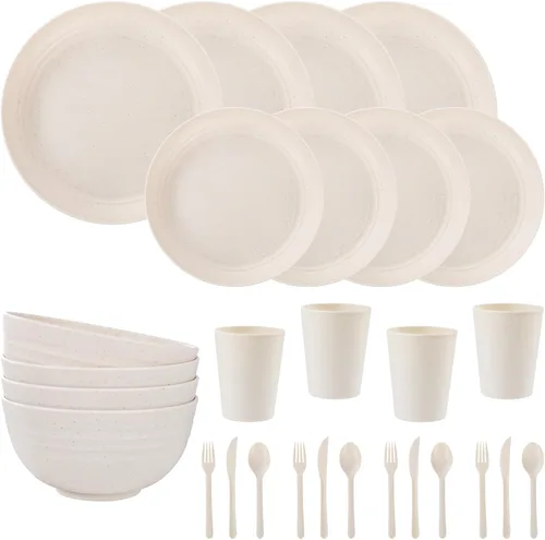 Vista 11 de LIYH 16 Piezas Juego de Vajilla de Paja de Trigo Beige - Platos de Cena Crema Irrompibles, para 4 Platos y Cuencos, Juego de Vajilla de Plástico