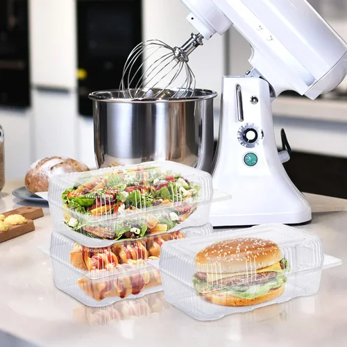 Vista 5 de Kaderron Contenedor de plástico desechable con bisagras – 70 recipientes de alimentos transparentes con forma de almeja, tamaño interno de 6.3