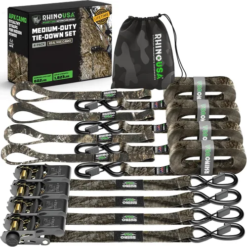 Vista 10 de Rhino USA - Correas de trinquete de amarre (4), 1 pulgada x 15 pies (resistencia 1823 libras), con ganchos en S de seguridad, alta calidad para Negro