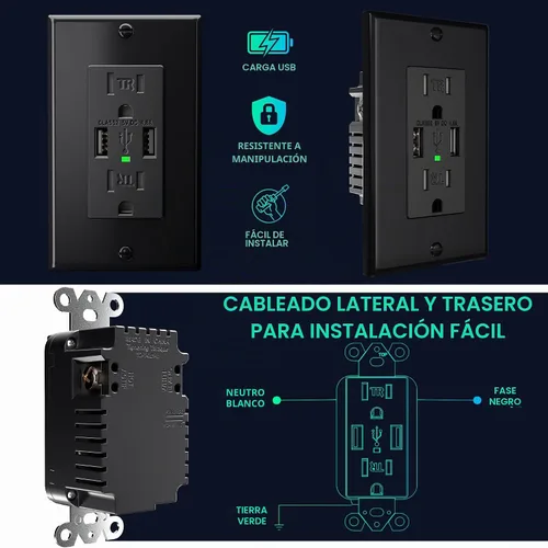 Vista 5 de Dependable Direct - 2 puertos USB de alta velocidad 4.8A y 15 A dúplex, resistencia a la manipulación y receptáculo de pared, incluye placa de pared